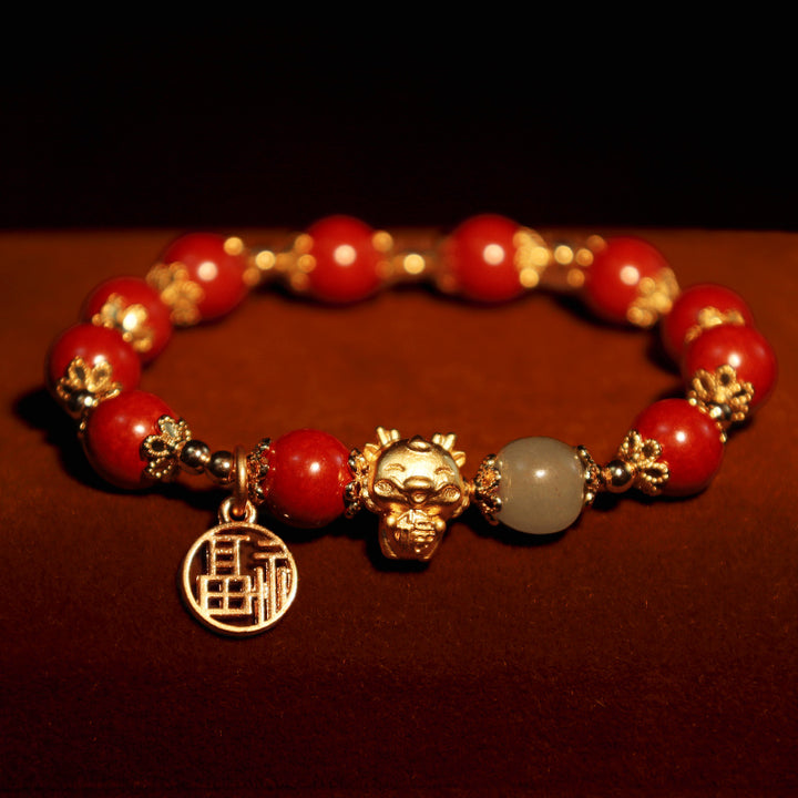 Buddha Stones Year of the Dragon Natural Cinnabar Fu Character Charm Blessing Bracelet - image 6