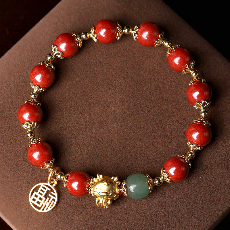 Buddha Stones Year of the Dragon Natural Cinnabar Fu Character Charm Blessing Bracelet - image 0