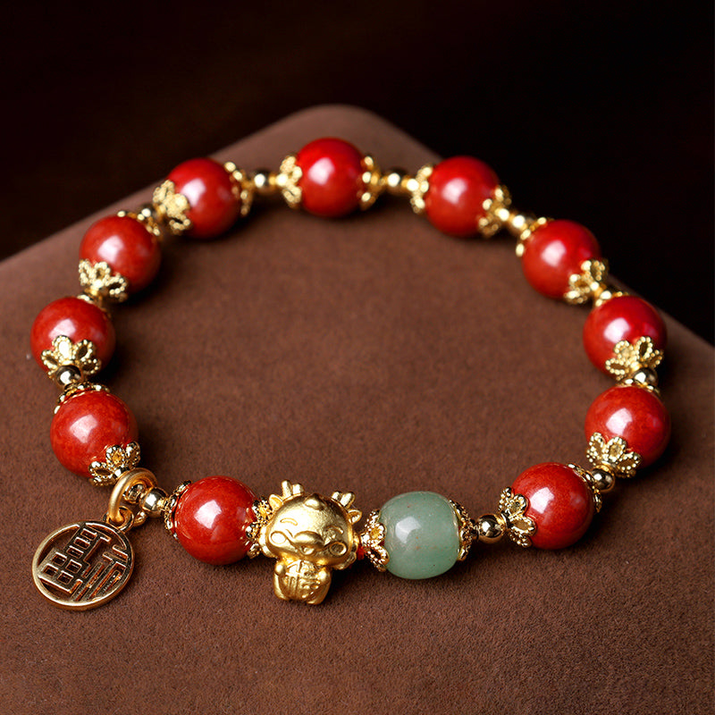 Buddha Stones Year of the Dragon Natural Cinnabar Fu Character Charm Blessing Bracelet - image 2