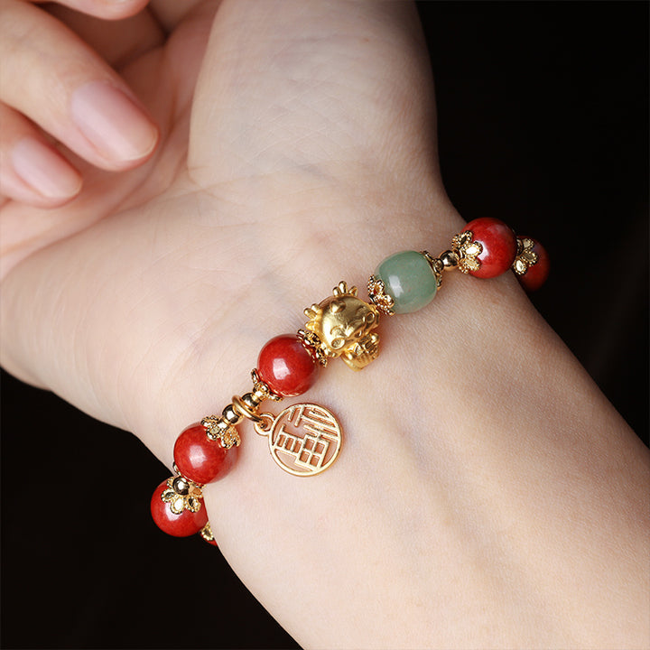 Buddha Stones Year of the Dragon Natural Cinnabar Fu Character Charm Blessing Bracelet - image 3
