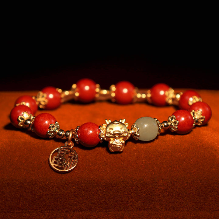 Buddha Stones Year of the Dragon Natural Cinnabar Fu Character Charm Blessing Bracelet - image 7