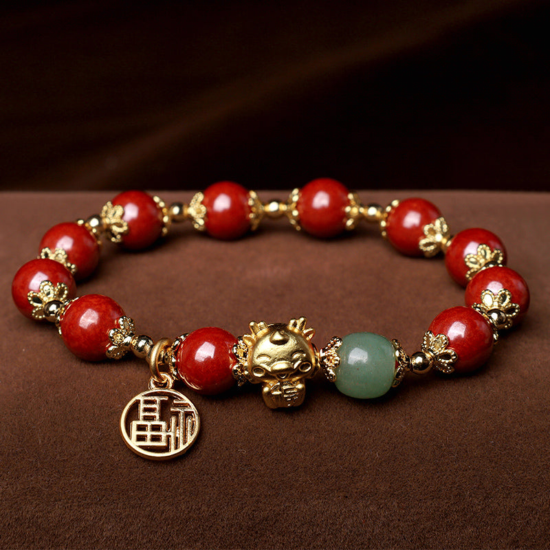 Buddha Stones Year of the Dragon Natural Cinnabar Fu Character Charm Blessing Bracelet - image 1