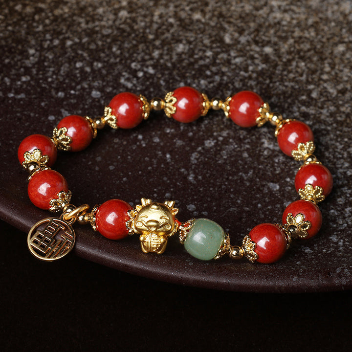 Buddha Stones Year of the Dragon Natural Cinnabar Fu Character Charm Blessing Bracelet - image 5