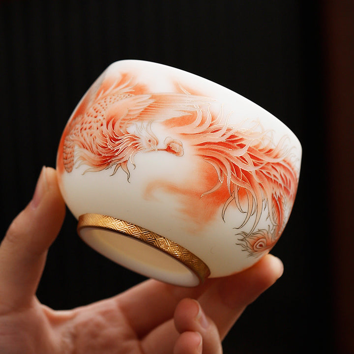 Buddha Stones Phoenix White Porcelain Ceramic Teacup Kung Fu Tea Cup - Phoenix 7.5cm*6cm*180ml - image 0