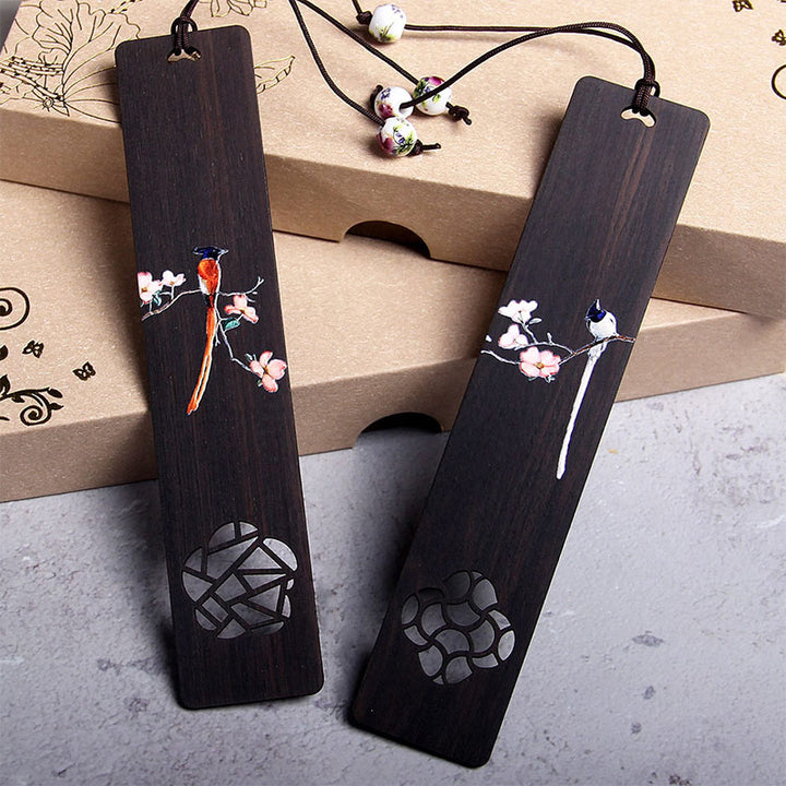Buddha Stones Oriole Bird Flower Ebony Wood Bookmarks With Gift Box - image 0