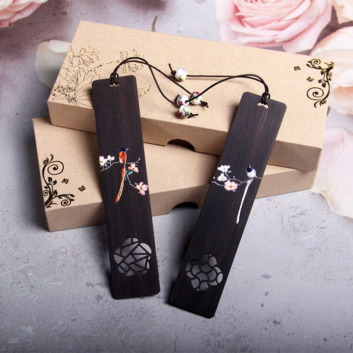 Buddha Stones Oriole Bird Flower Ebony Wood Bookmarks With Gift Box - image 7