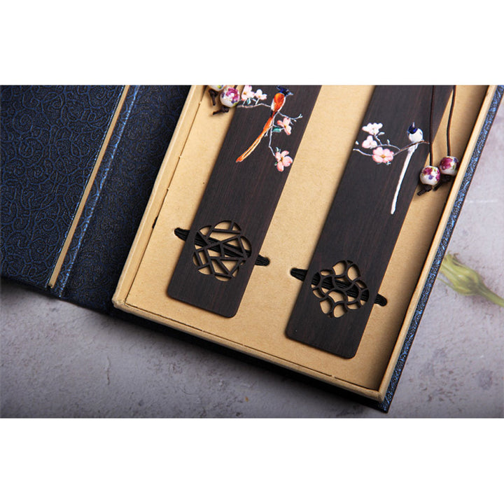 Buddha Stones Oriole Bird Flower Ebony Wood Bookmarks With Gift Box - image 10