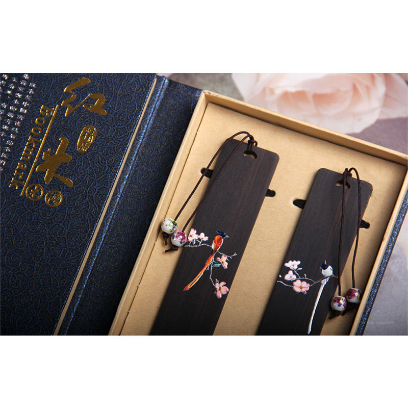Buddha Stones Oriole Bird Flower Ebony Wood Bookmarks With Gift Box - image 9