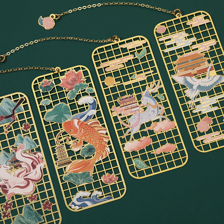 Buddha Stones Elk Koi Fish Crane Nine Tailed Fox Metal Brass Hollow Bookmark - image 0
