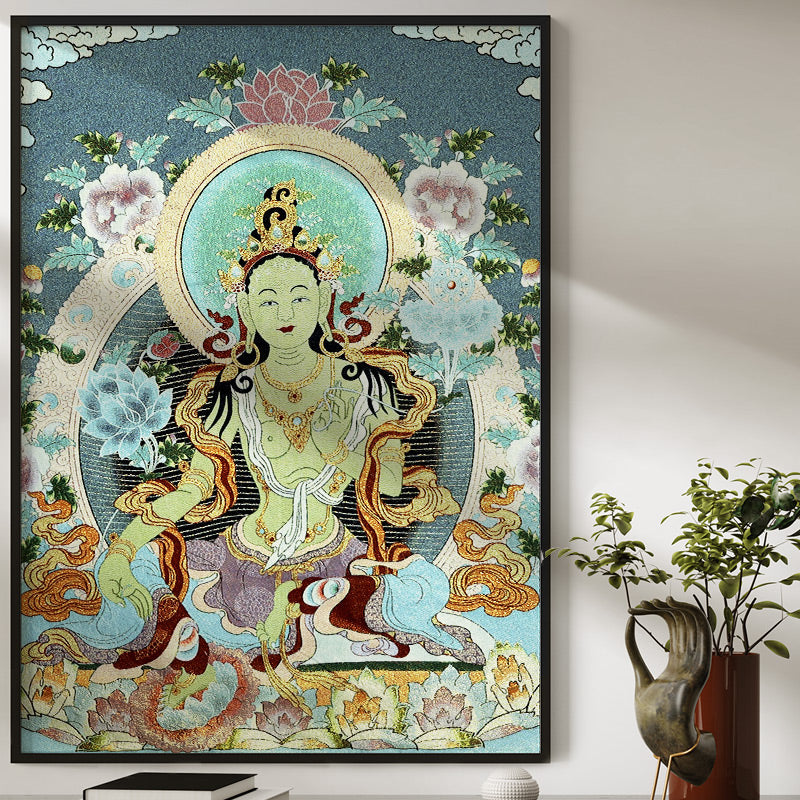 Buddha Stones Tibetan Embroidery White Tara Thangka Tapestry Wall Hanging Wall Art Meditation for Home Decor - image 3