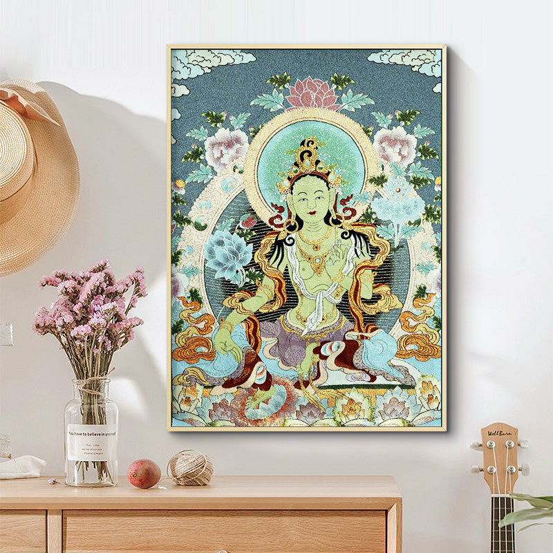 Buddha Stones Tibetan Embroidery White Tara Thangka Tapestry Wall Hanging Wall Art Meditation for Home Decor - image 2
