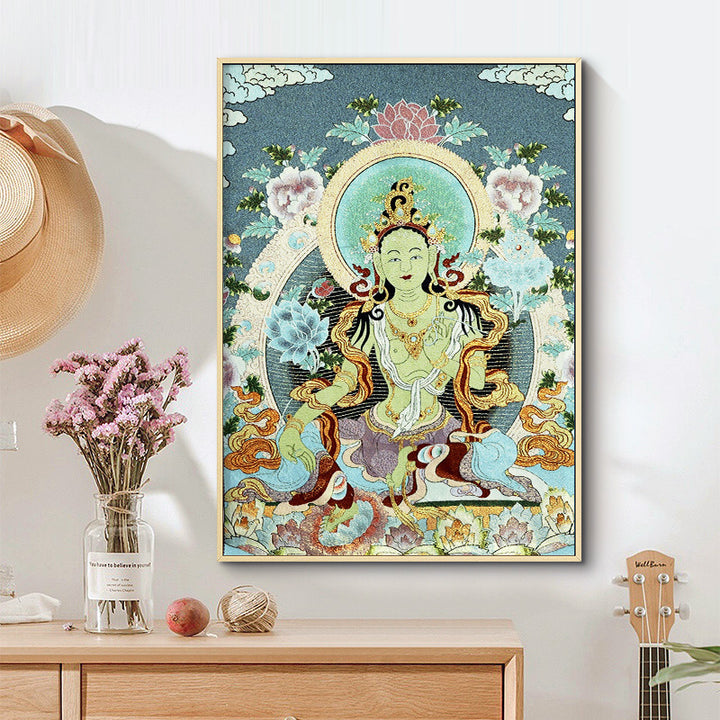 Buddha Stones Tibetan Embroidery White Tara Thangka Tapestry Wall Hanging Wall Art Meditation for Home Decor - image 2