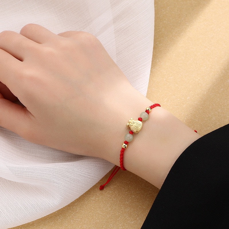 Buddha Stones Lucky Money Bag Fu Character Jade Bead Luck Braided Bracelet - Red Rope Bracelet(Wrist Circumference 14-16cm) - image 1