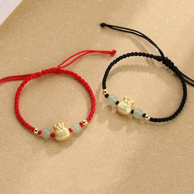 Buddha Stones Lucky Money Bag Fu Character Jade Bead Luck Braided Bracelet - image 0