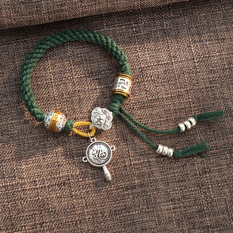 Buddha Stones Handmade Tibetan Om Mani Padme Hum Fu Character Luck Fortune Braided Bracelet - Dark Green(Wrist Circumference 14-18cm) - image 3