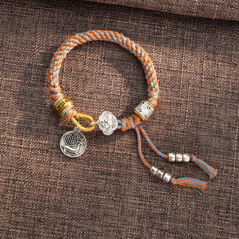 Buddha Stones Handmade Tibetan Om Mani Padme Hum Fu Character Luck Fortune Braided Bracelet - Orange Colorful(Wrist Circumference 14-18cm) - image 1