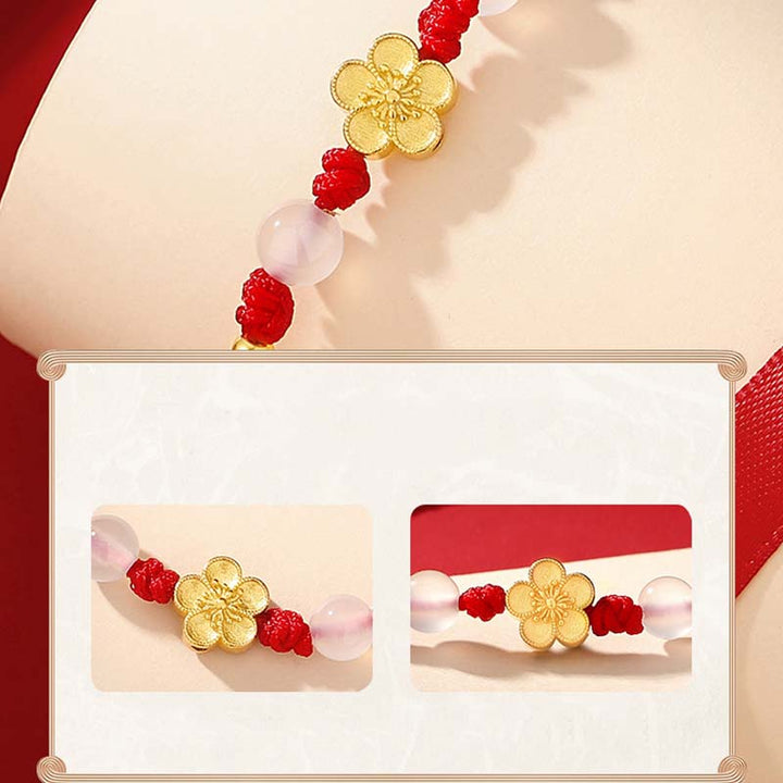 Buddha Stones Handmade 925 Sterling Silver Peach Blossom Cherry Sakura Chalcedony Bead Luck Red Rope Bracelet - image 5