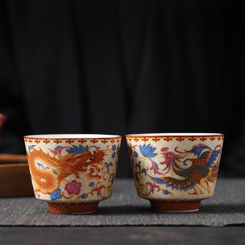Buddha Stones 2Pcs Dragon Phoenix Ceramic Teacup Kung Fu Tea Cups - image 1