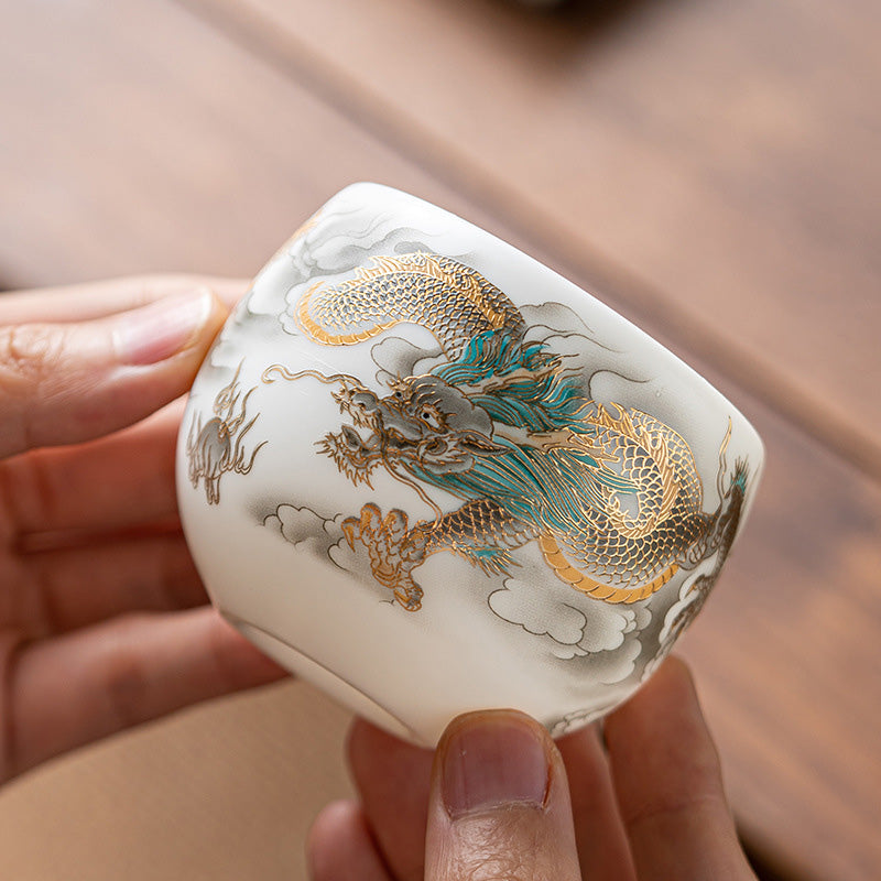 Buddha Stones Dragon Phoenix Auspicious Clouds Ceramic Teacup Kung Fu Tea Cup With Gift Box - Golden Dragon 6.5cm*5.5cm*130ml(Gift Box) - image 0