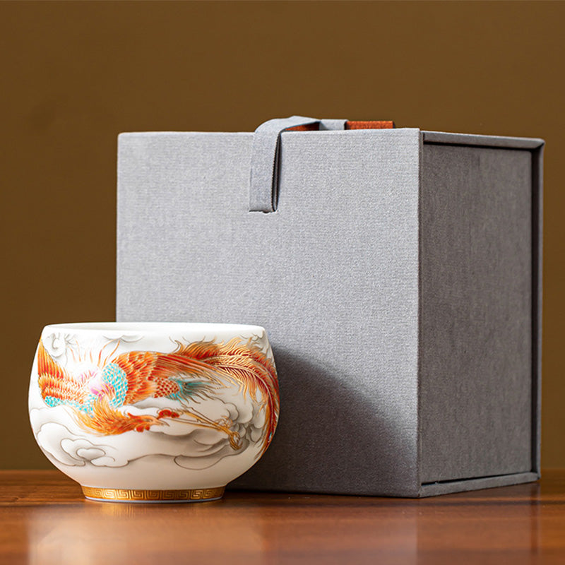 Buddha Stones Dragon Phoenix Auspicious Clouds Ceramic Teacup Kung Fu Tea Cup With Gift Box - Red Phoenix 7.8cm*6cm*175ml(Gift Box) - image 15
