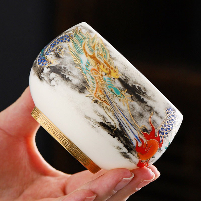 Buddha Stones Dragon Playing With Pearl Design White Porcelain Ceramic Teacup Kung Fu Tea Cup 160ml - Green Dragon 8.2cm*5.6cm*160ml - image 0
