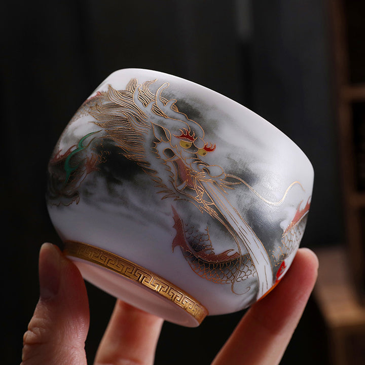 Buddha Stones Dragon Gilt Gourd Ceramic White Porcelain Teacup Kung Fu Tea Cup 160ml - image 1