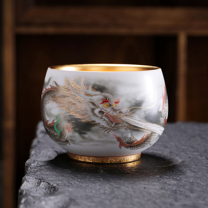 Buddha Stones Dragon Gilt Gourd Ceramic White Porcelain Teacup Kung Fu Tea Cup 160ml - 8.5cm*6cm*160ml - image 0