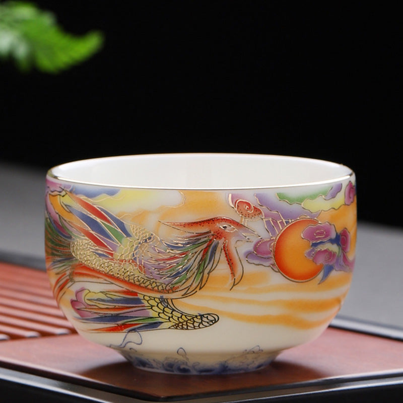Buddha Stones Dragon Phoenix Auspicious Clouds Sun Ocean Waves Ceramic Teacup Kung Fu Tea Cup - 8cm*5.2cm*130ml - Phoenix - image 13