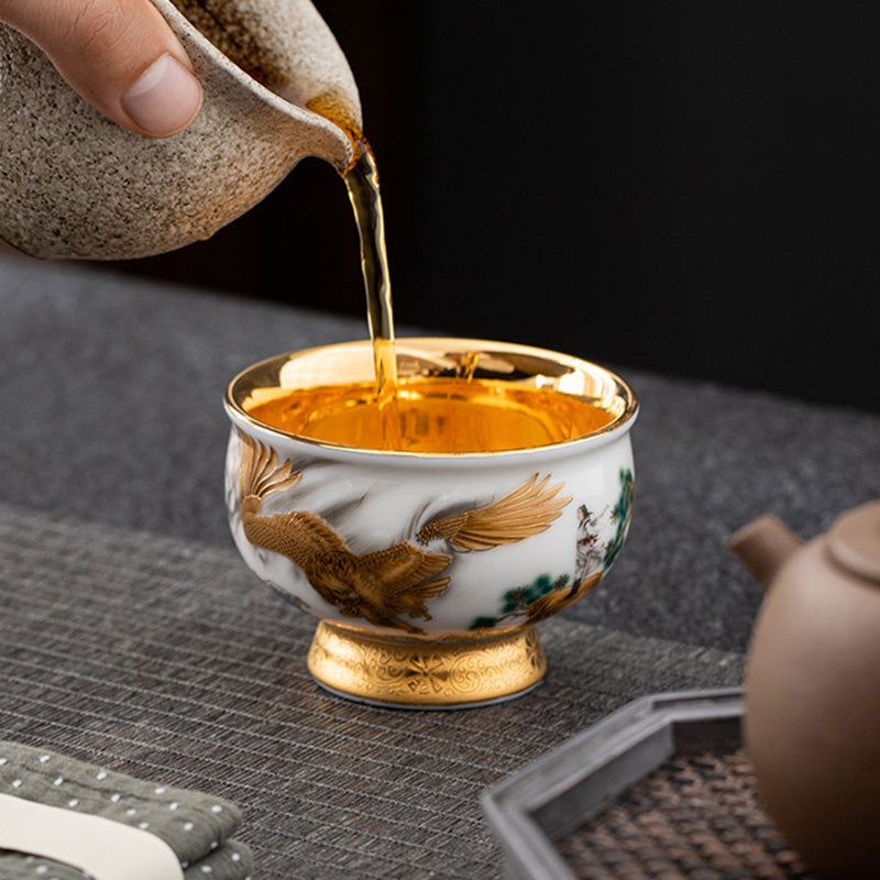 Buddha Stones Golden Eagle Auspicious Dragon Sun Ocean Waves Gilt Ceramic Teacup Kung Fu Tea Cup - image 2