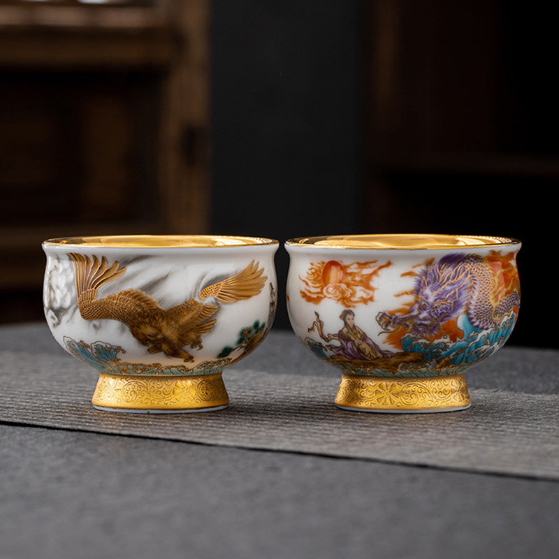 Buddha Stones Golden Eagle Auspicious Dragon Sun Ocean Waves Gilt Ceramic Teacup Kung Fu Tea Cup - 2Pcs Golden Eagle&Auspicious Dragon Gift Box - image 1