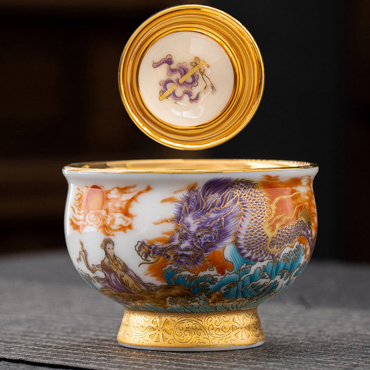 Buddha Stones Golden Eagle Auspicious Dragon Sun Ocean Waves Gilt Ceramic Teacup Kung Fu Tea Cup - Auspicious Dragon 8.6cm*6.1cm*180ml - image 7
