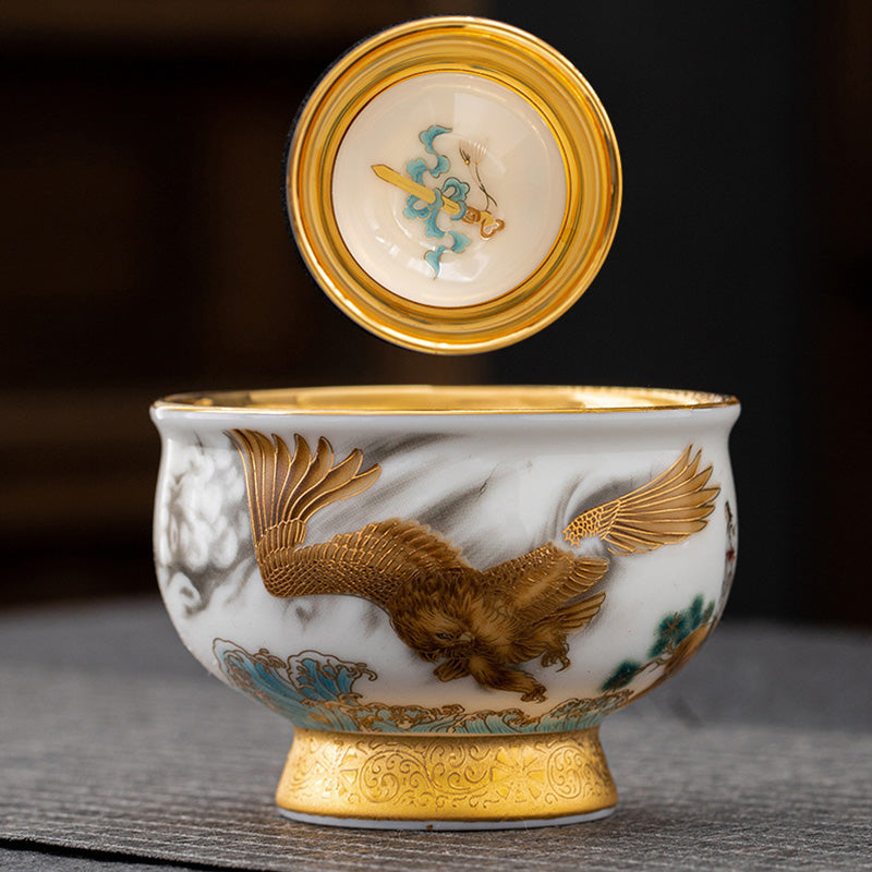 Buddha Stones Golden Eagle Auspicious Dragon Sun Ocean Waves Gilt Ceramic Teacup Kung Fu Tea Cup - image 6