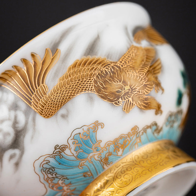 Buddha Stones Golden Eagle Auspicious Dragon Sun Ocean Waves Gilt Ceramic Teacup Kung Fu Tea Cup - image 4