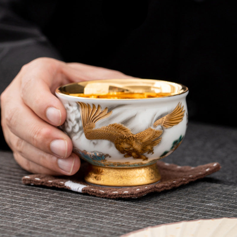 Buddha Stones Golden Eagle Auspicious Dragon Sun Ocean Waves Gilt Ceramic Teacup Kung Fu Tea Cup - image 5