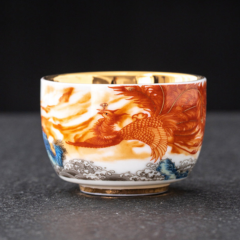 Buddha Stones Dragon Phoenix Crane Sun Ocean Waves Gilt Ceramic Teacup Kung Fu Tea Cup 170ml - Phoenix 8cm*5.4cm*170ml - image 0