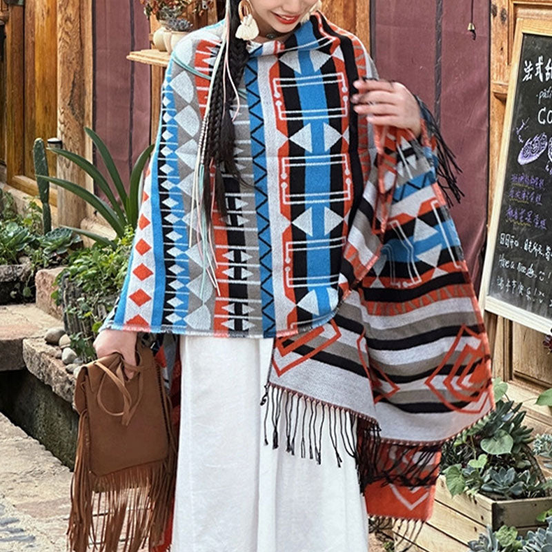 Buddha Stones Tibetan Shawl Striped Geometric Pattern Winter Cozy Travel Tassel Scarf Wrap - image 4