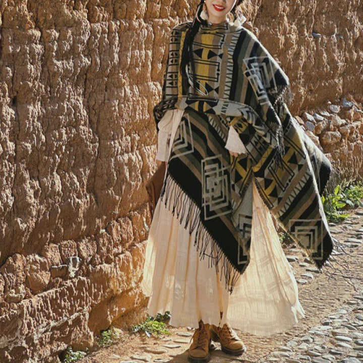 Buddha Stones Tibetan Shawl Striped Geometric Pattern Winter Cozy Travel Tassel Scarf Wrap - Brown Gray 130*150cm - image 6