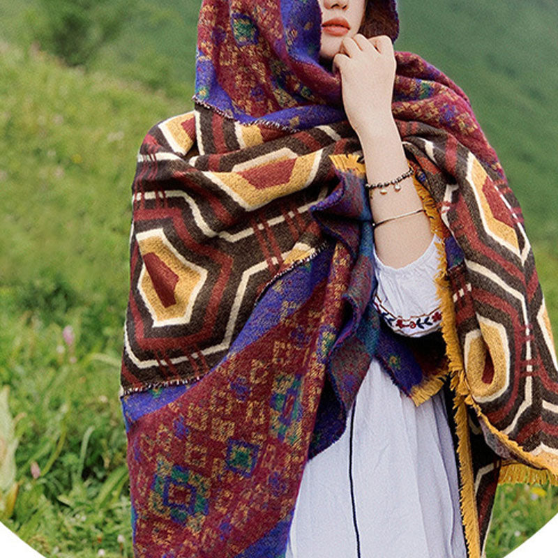 Buddha Stones Tibetan Shawl Brown Blue Red Geometric Shapes Pattern Winter Cozy Travel Scarf Wrap - image 15