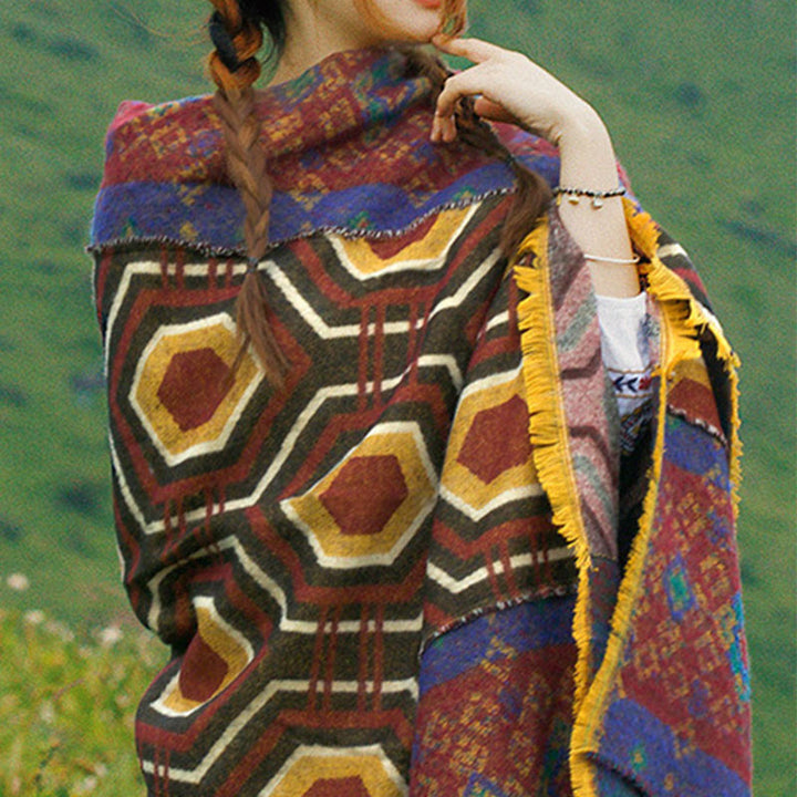 Buddha Stones Tibetan Shawl Brown Blue Red Geometric Shapes Pattern Winter Cozy Travel Scarf Wrap - image 17