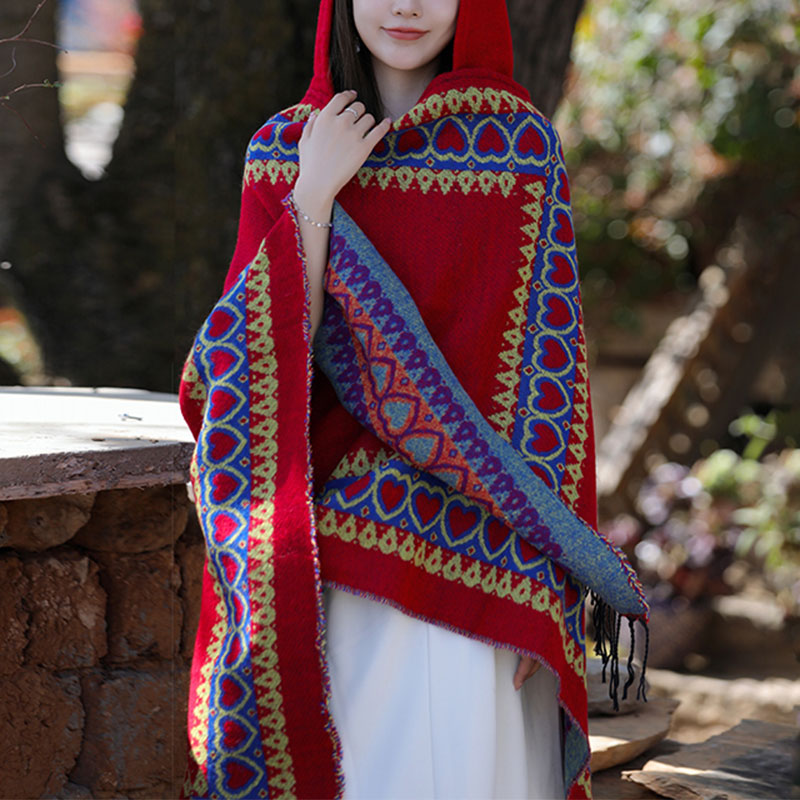 Buddha Stones Tibetan Shawl Red Love Heart Tassel Hooded Cloak Winter Cozy Travel Scarf Wrap - image 1