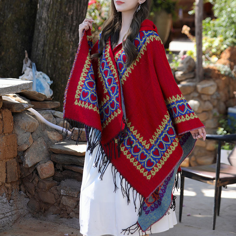 Buddha Stones Tibetan Shawl Red Love Heart Tassel Hooded Cloak Winter Cozy Travel Scarf Wrap - image 5