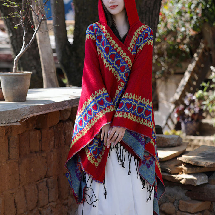 Buddha Stones Tibetan Shawl Red Love Heart Tassel Hooded Cloak Winter Cozy Travel Scarf Wrap - image 13