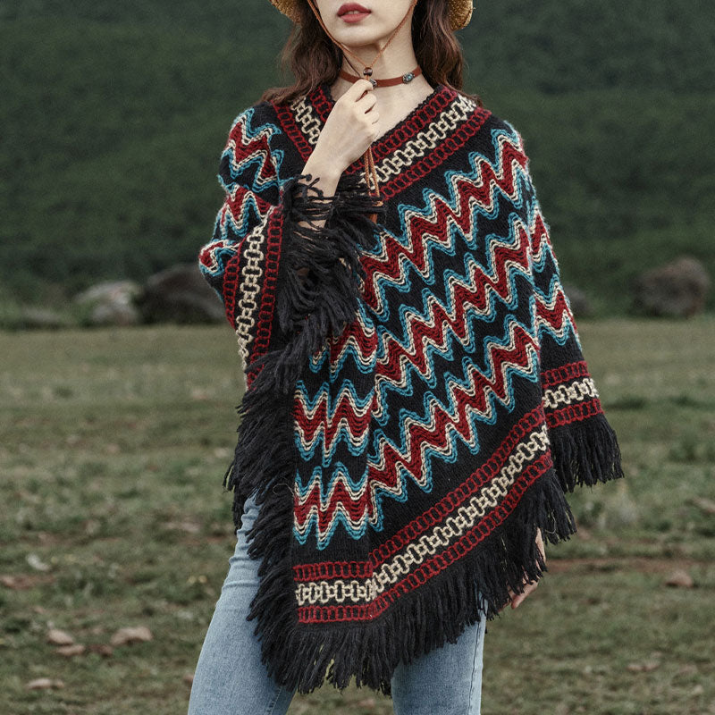 Buddha Stones Tibetan Shawl Striped Knitted Tassels Pullover Winter Cozy Travel Scarf Wrap - Blue Red Black 60-80cm - image 0