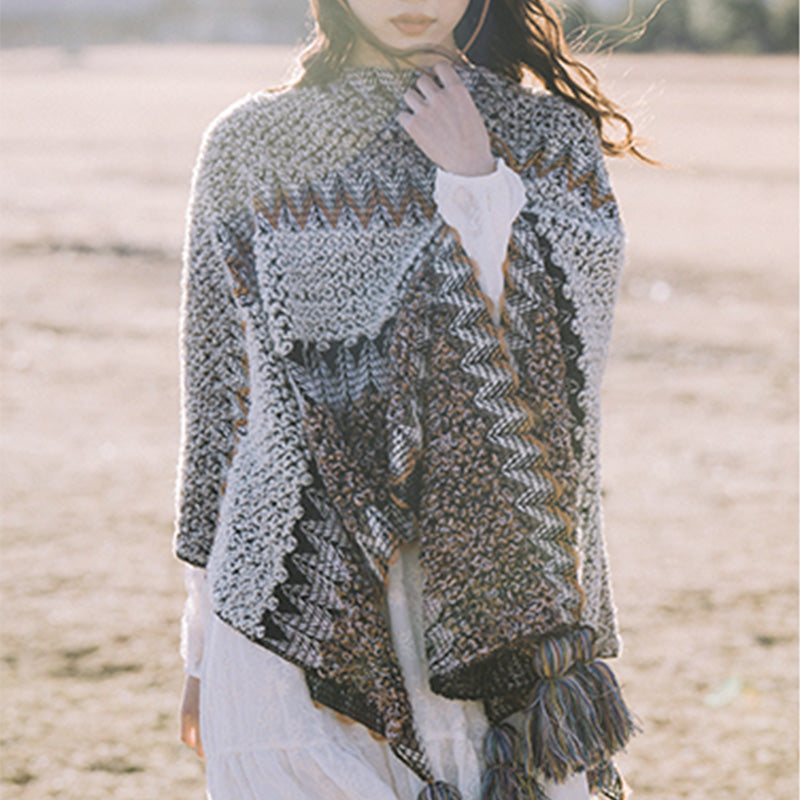 Buddha Stones Tibetan Shawl Gray Brown Striped Knitted Tassels Winter Cozy Travel Scarf Wrap - image 5