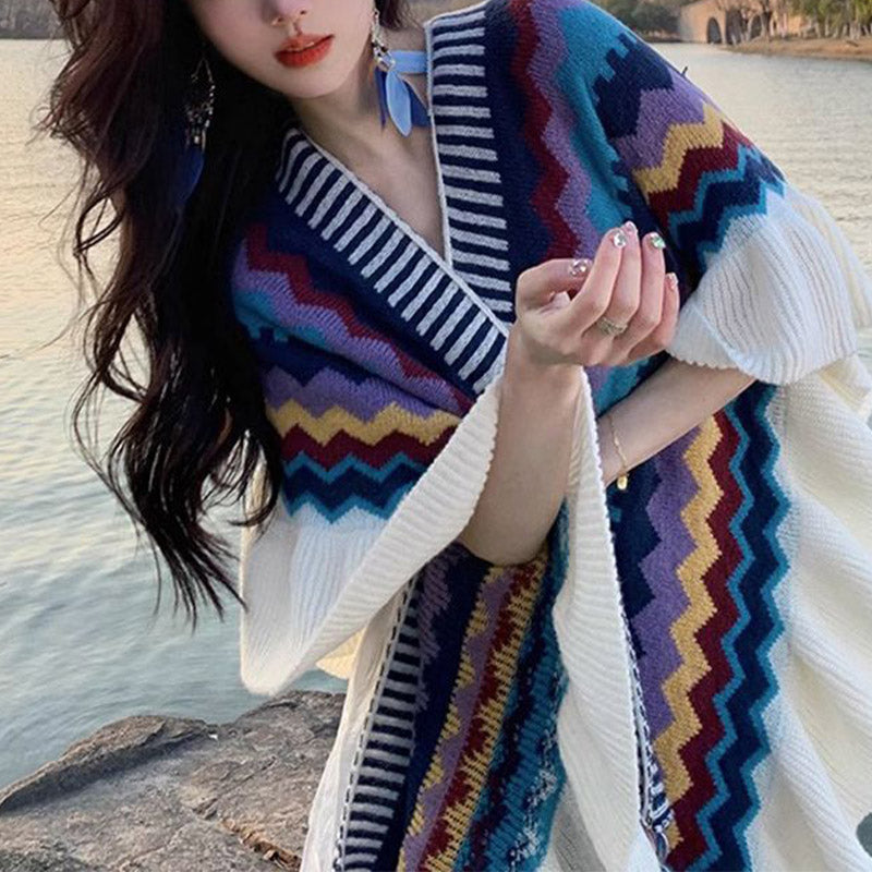 Buddha Stones Tibetan Shawl Colorful Striped Wavy Line Tassels Winter Cozy Travel Scarf Wrap - image 4