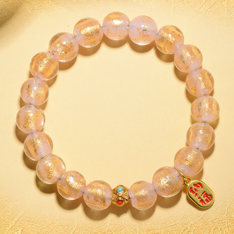 Buddha Stones Tibetan Incense Ash Liuli Glass Bead Lucky Fortune Fu Character Charm Bracelet - Gold Liuli Glass Bead(Wrist Circumference 14-15cm) - image 1