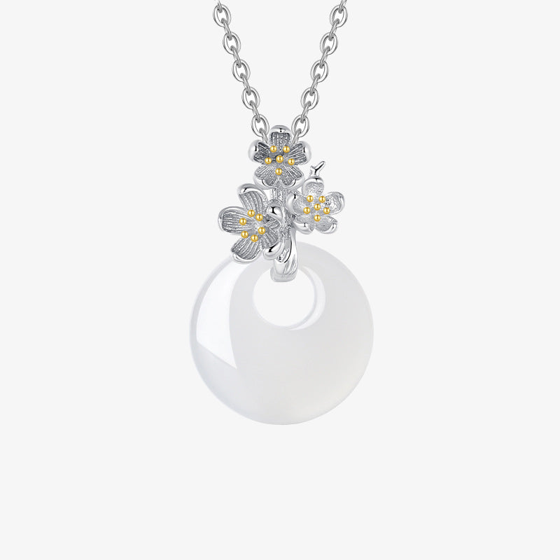 Buddha Stones 925 Sterling Silver Round Chalcedony Twelve Months Flower Harmony Necklace Pendant - Plum Blossom - image 1