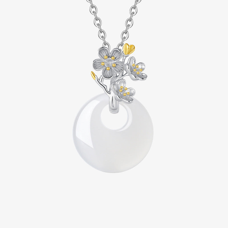 Buddha Stones 925 Sterling Silver Round Chalcedony Twelve Months Flower Harmony Necklace Pendant - Apricot Blossom - image 3
