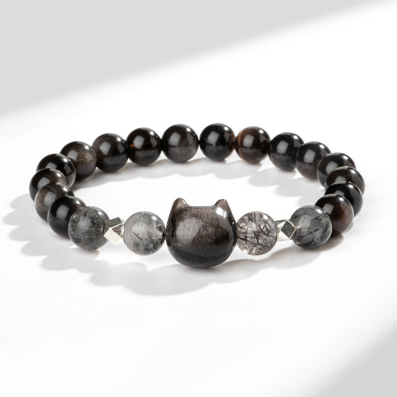 Buddha Stones Natural Silver Sheen Obsidian Cute Cat Head Protection Bracelet - Silver Sheen Obsidian(Wrist Circumference 14-15cm) - image 0