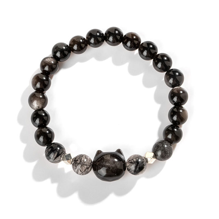 Buddha Stones Natural Silver Sheen Obsidian Cute Cat Head Protection Bracelet - image 5